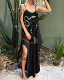 Mysterious Distressed Snake Buddha's Feet Positioning Printed Dress