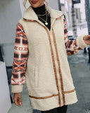 Cardigan Grain Color Contrast Printed Lapel With Long Stitching Zipper Plush Outer