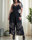 Mystic Luna Moths Plant Printed Plus Size Halter Cut-off Jumpsuit
