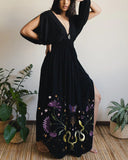 Green Snakes In Witchy Floral Forest Printed Hollow Sleeves Maxi Dress