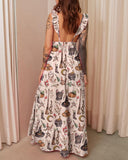 Green Witch Black Cats Printed Ruffled Halter Maxi Dress