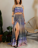 Moon Phase Gradient Starry White Dove Printed Two-piece Skirt Set