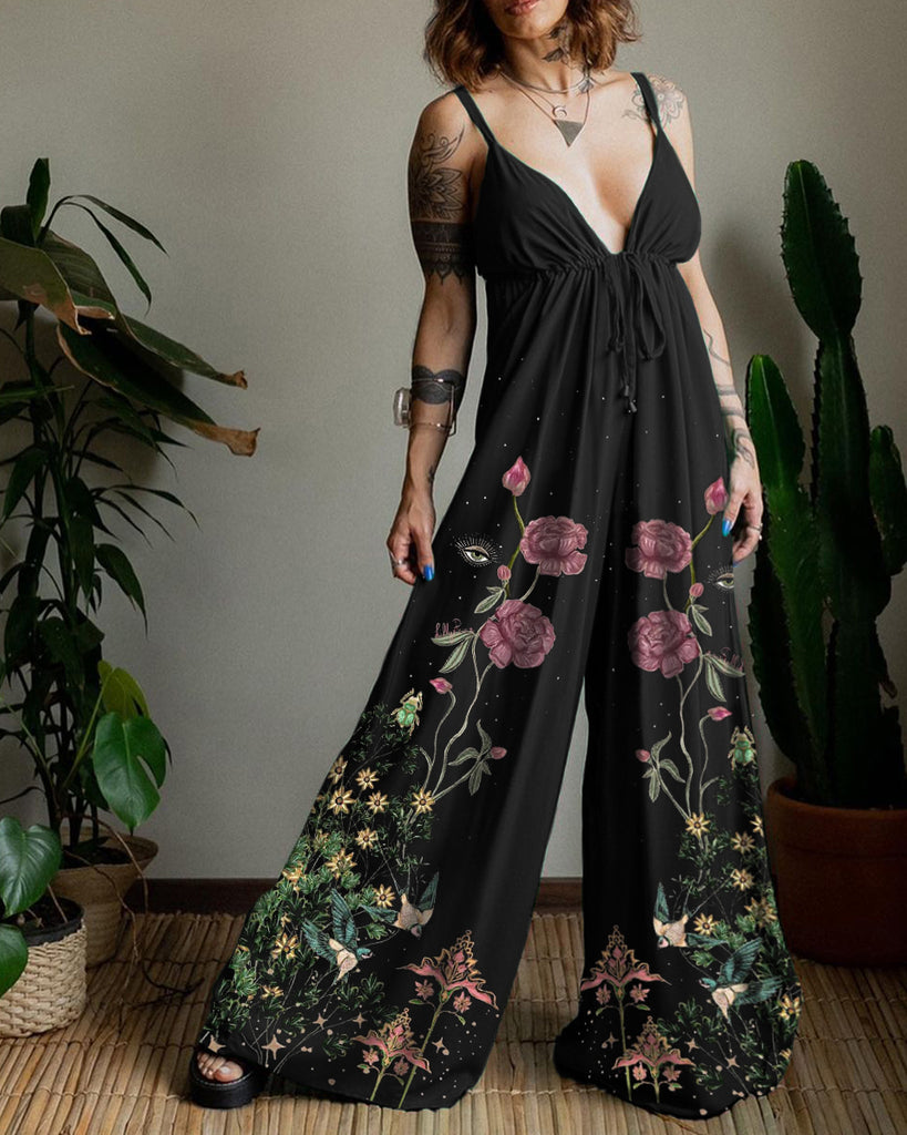 Dreamy Floral Fairyland Swallows Printed V-Neck Jumpsuit