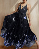 Purple Ferns Forest Moonlight Printed V-neck Maxi Dress