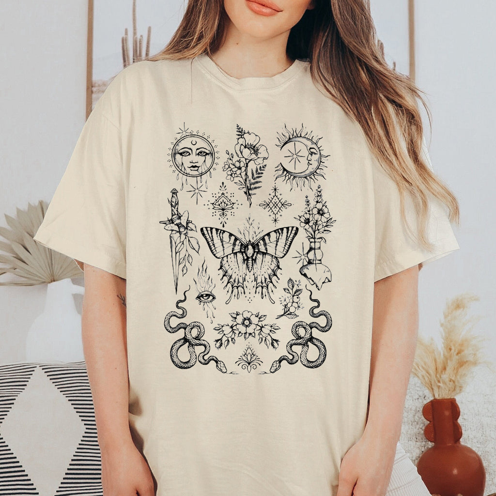Sun Moon And Butterfly Snake Graphic Print T-Shirt