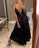 Mysterious Bird Print Suspenders V-Neck Dress