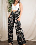 Mysterious World Of Butterflies And Flowers Pattern Printed Waist Suspender Jumpsuit