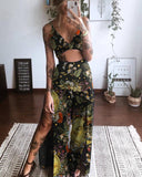 Hidden Forest Sun And Flower Print Leaky Navel Two-Piece Set