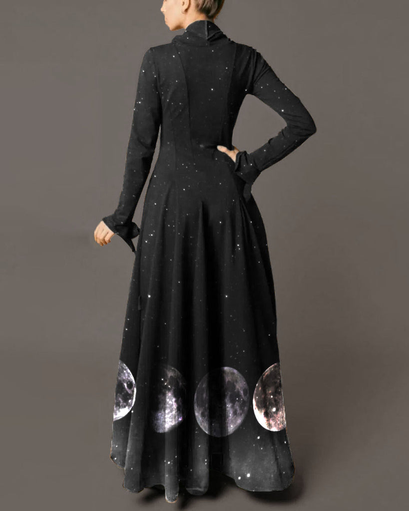 Dreamy Moon Phase Starry Sky Printed Lapel Dress
