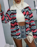 Loose Zippered Long Sleeved Lapel Color Matching Geometric Printed Plush Jacket