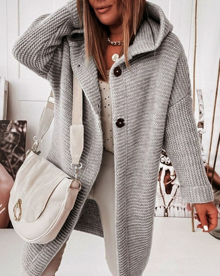 Loose Button Cardigan Sweater Knit Hooded Jacket