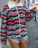 Loose Zippered Long Sleeved Lapel Color Matching Geometric Printed Plush Jacket