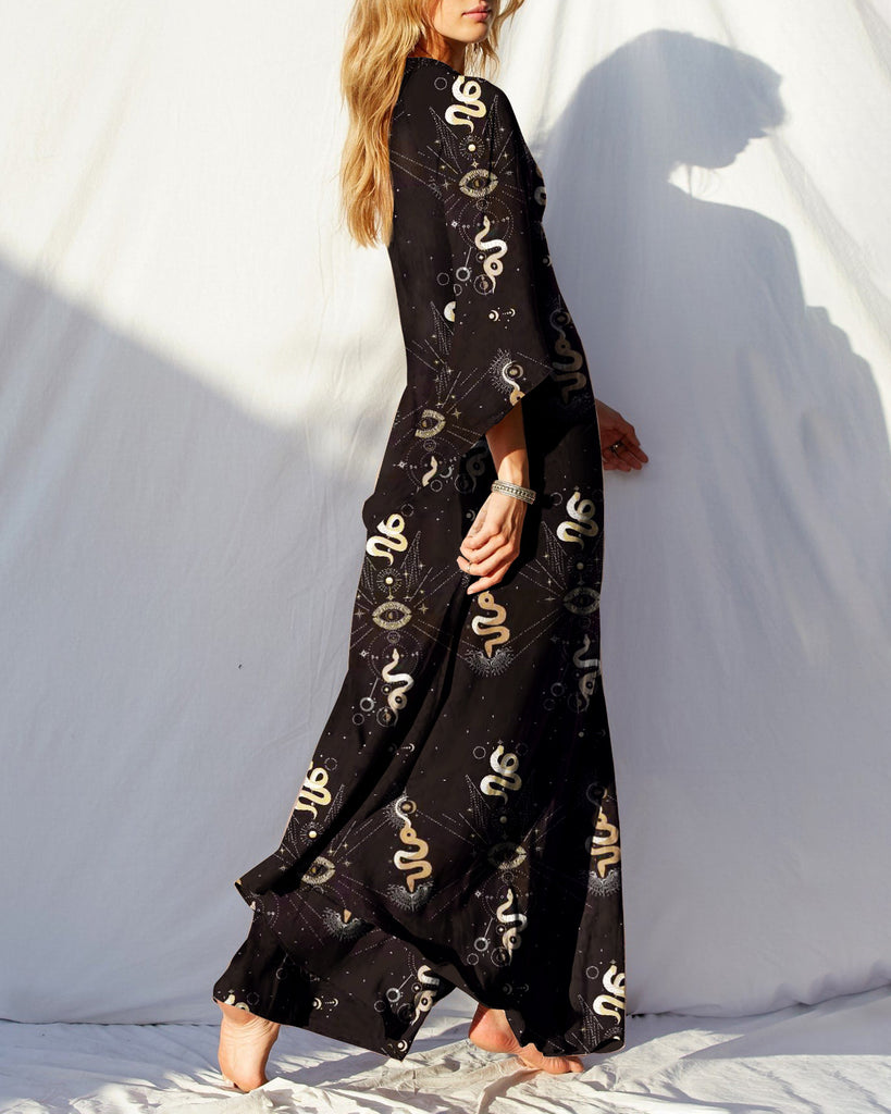 Sacred Snakes In The Ancient Legend Printed 3/4 Sleeves Maxi Dress