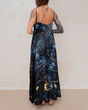 Undersea Starry Sky Gold Luna Gradient Pattern Printed Suspender Lace Midi Dress