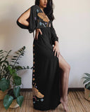 Mystic Moths And Stars Elemants Printed Hollow Sleeves Maxi Dress