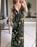 Yellow Mushroom Plants Printed V-neck Dress / Jumpsuit