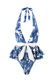 Mysterious Blue Dragonfly  Printed One Piece & Mesh Skirt
