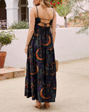 Dreamy Moon Print Suspenders V-Neck Dress