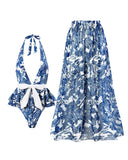 Mysterious Blue Dragonfly  Printed One Piece & Mesh Skirt