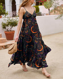 Dreamy Moon Print Suspenders V-Neck Dress