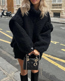 Clean Color Patchwork Fluffy Long Sleeved High Neck Sweater