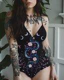 Mystical Snake And Purple Moon Graphic Print V-neck One-piece