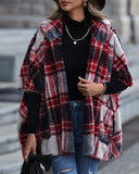 Scottish Casual Plush Hooded Quarter Sleeve Loose Plaid Buttonless Jacket