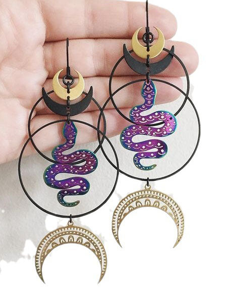 Golden Moon and Black Moon and Colorful Snake Earrings