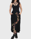 Crescent Moon Flying Moth Ferns Printed Slit Midi Dress