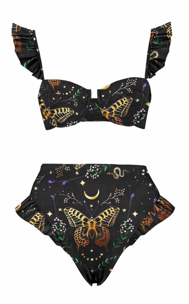 Fancy World Butterfly Print Ruffle Sleeve Bikini Set
