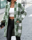 Loose Plaid Color Block Knitted Cardigan Fashionable Sweater