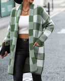 Loose Plaid Color Block Knitted Cardigan Fashionable Sweater