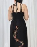 Crescent Moon Flying Moth Ferns Printed Slit Midi Dress