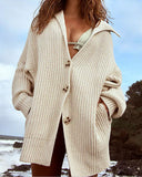 Solid Color Lapel Pocket Knit Cardigan Button Up Mid Length Overcoat