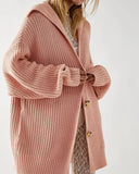 Solid Color Lapel Pocket Knit Cardigan Button Up Mid Length Overcoat