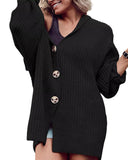 Solid Color Lapel Pocket Knit Cardigan Button Up Mid Length Overcoat