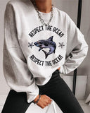 "Protect The Ocean” Save Sharks Graphic Print Crew Neck Sweatshirt