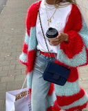 Lazy Style Knitted Contrasting Striped Sweater Long  Overcoat