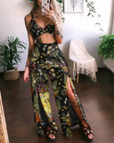 Hidden Forest Sun And Flower Print Leaky Navel Two-Piece Set