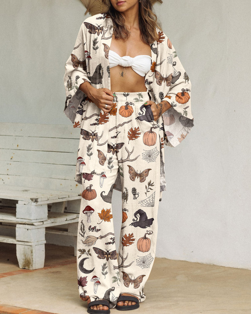 Halloween Witchery Things Funny Printed Kimino Casual Set