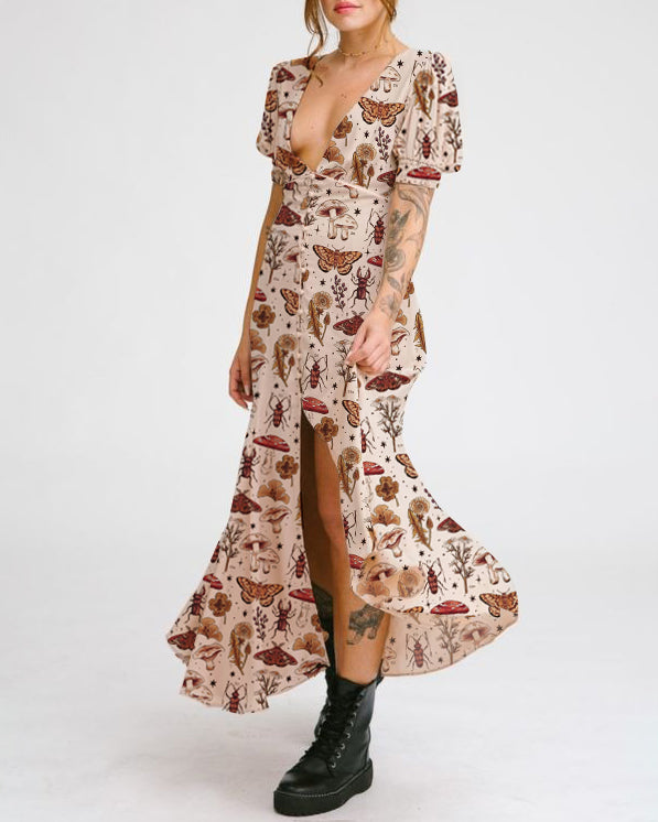 Mushrooms & Insects Wonderland Printed Midi Dress