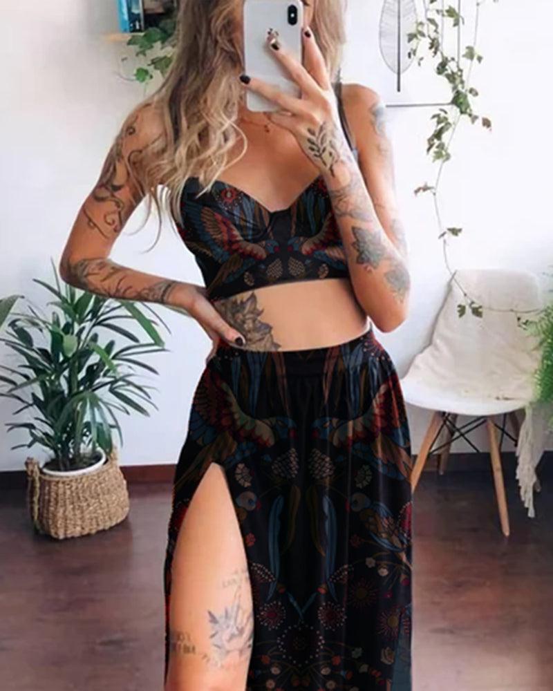 Women's Sexy Bird Print Camisole And Slit Skirt Set