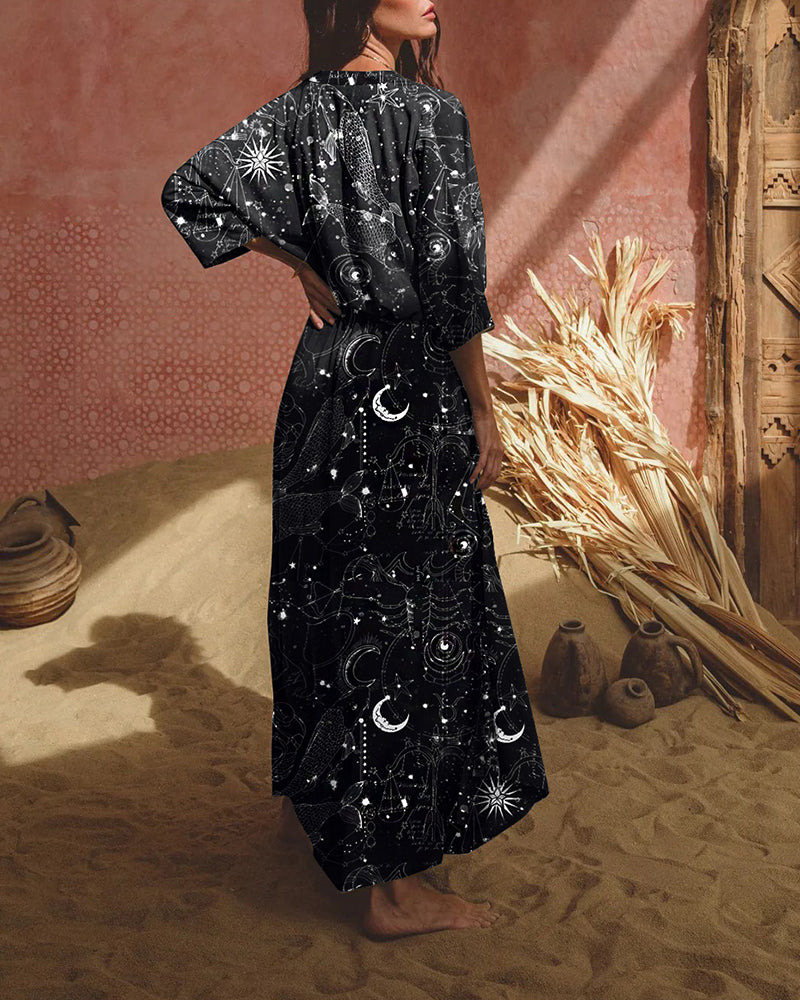 Black Constellation Print Waist Dress