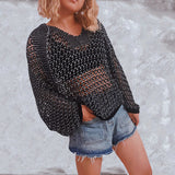 Knitted Hollow Gold Thread Batwing-Sleeves Beach Sun Protection Cover-Up Pullover Sweater