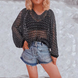 Knitted Hollow Gold Thread Batwing-Sleeves Beach Sun Protection Cover-Up Pullover Sweater