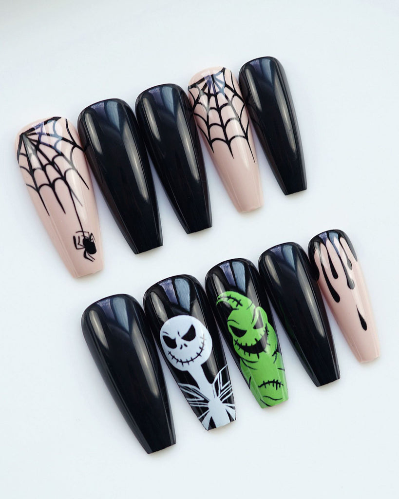 Halloween Yellow and Green Skull Long T Fake Nail Patch Black Wearable Nail Art Patch