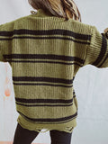 Loose oversized V-neck ripped striped knit Pullover Sweater