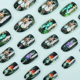Matte Black Base With Hand-Painted Forest Designs, Featuring Mushrooms, Flowers, And Starry Elements, Press-On Nail Set With Nail File And Jelly Glue