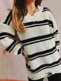 Loose oversized V-neck ripped striped knit Pullover Sweater