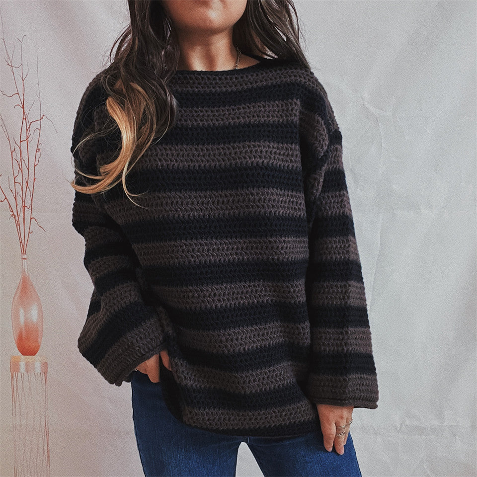 Loose Bateau Collar Striped Long-Sleeved Knitted Pullover Casual Sweater